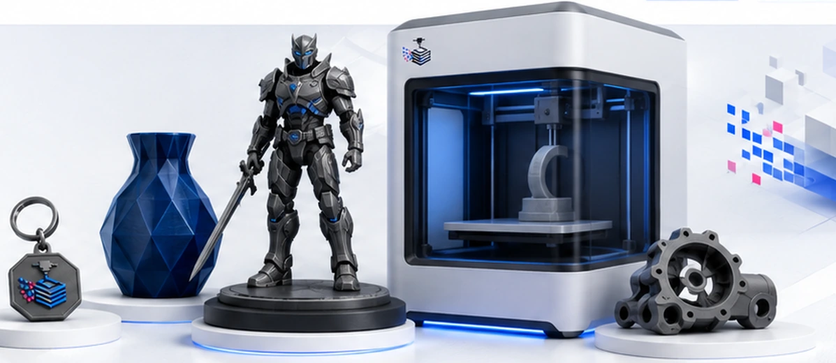 Exposição de impressora 3D, figure original, vaso, chaveiro e protótipo técnico